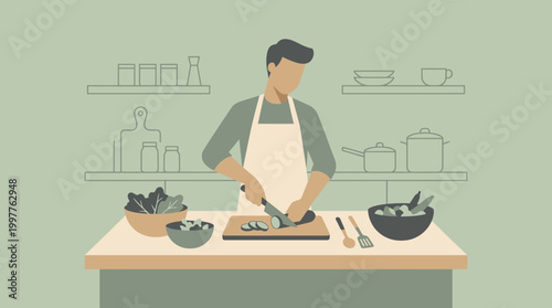 Illustration of a person cooking in a kitchen, chopping on a cuttingboard with a knife and various ingredients visible.