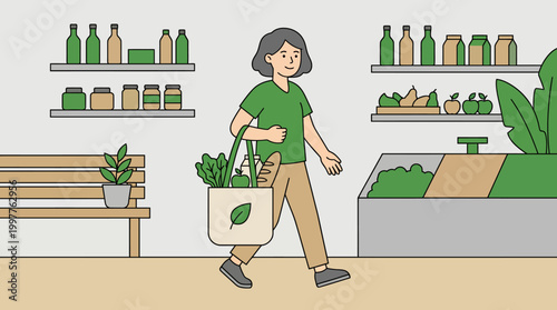 Woman shopping for fresh produce in a cozy market aisle.