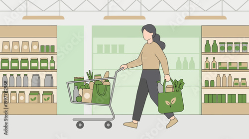 Woman shopping in a supermarket pushing a cart with reusable bags and groceries.