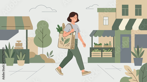 Casual shopper walking along a sunny street market with storefronts and greenery.