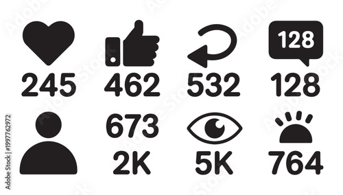 Set of social media notification icons with different numerical engagement counts isolated.