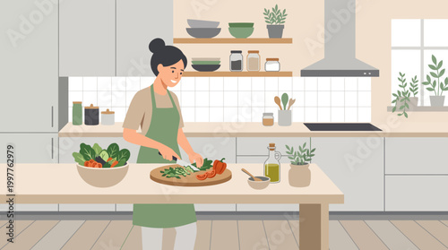 Woman preparing fresh vegetables in a modern home kitchen for a healthy meal.
