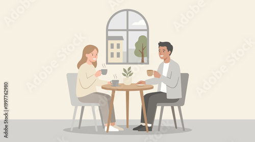 Couple enjoying a cozy cafe meal together by a sunny window.
