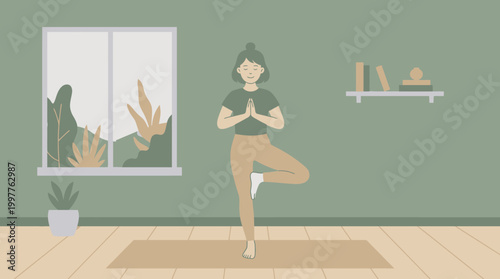 Person practicing yoga indoors in a calm home setting with a mat and plants.