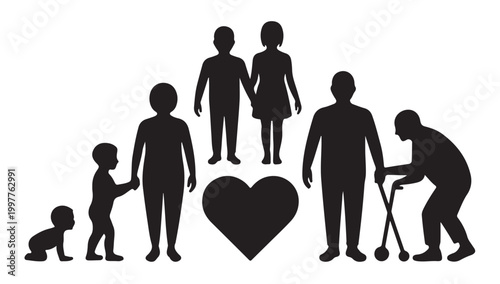 Illustration showing human aging stages from childhood to elderly years with heart symbol.