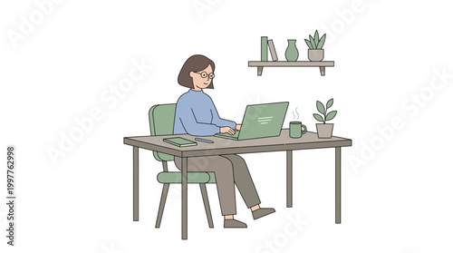 Person working at a modern home office desk with laptop and greenery in a calm indoor workspace.
