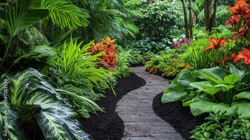 Fototapeta premium Lush tropical garden path winding through vibrant foliage