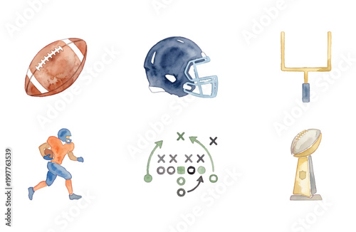 American football watercolor icons set with helmet ball goal post and player