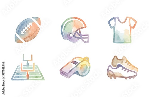 Watercolor American Football Icons Set on White Background