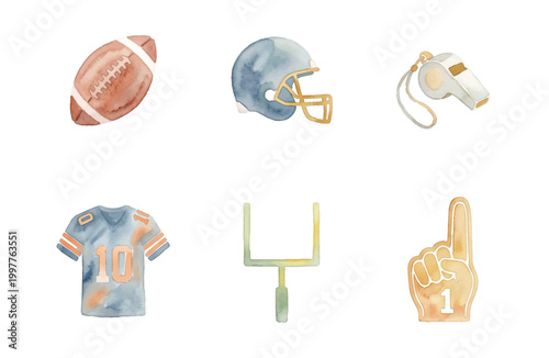 American football watercolor icons set on white background