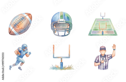 Watercolor American Football Icon Set on White Background