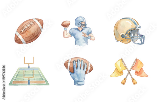 American Football Watercolor Icons Set on White Background