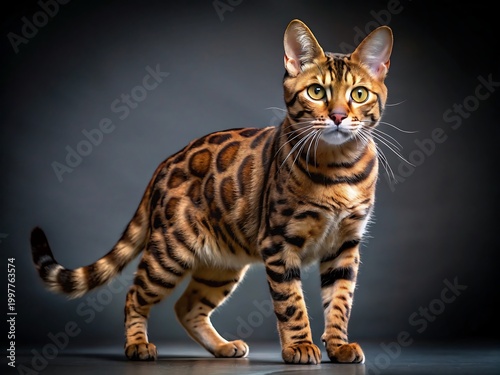 Bengal cat standing and looking forward with green eyes