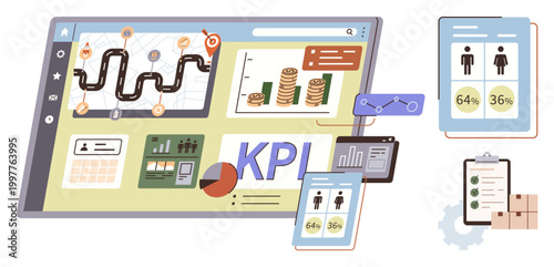 Business performance, data analytics, KPIs, strategic planning, progress tracking, financial reporting. Dashboard showing graphs, charts and statistics. Business performance and data analytics