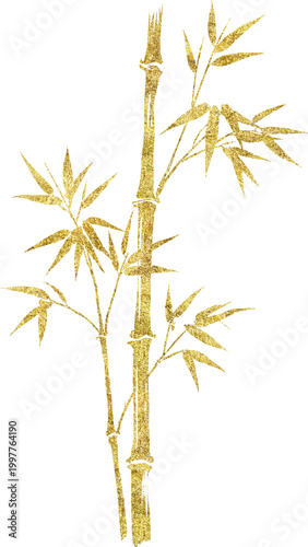 Traditional Golden Bamboo Leaves Chinese Painting Style Botanical Illustration