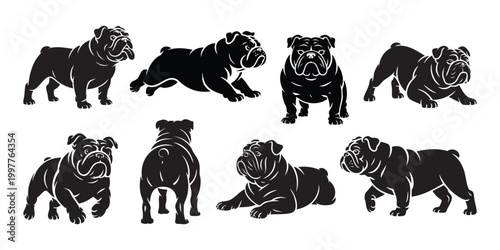 English Bulldog Silhouette Set in Multiple Poses – Vector Dog Illustration Collection