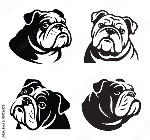 English Bulldog Head Silhouettes Set – Black and White Vector Dog Portrait Collection