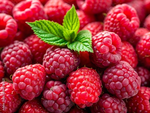 Fresh Ripe Raspberries with Green Mint Leaves Close Up