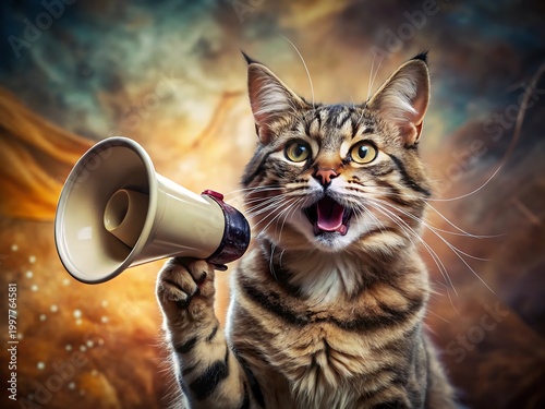 Tabby cat shouting through a megaphone with wide eyes