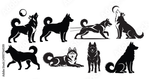Cuadro en lienzo Siberian Husky Silhouette Set in Multiple Poses – Vector Dog Collection with How