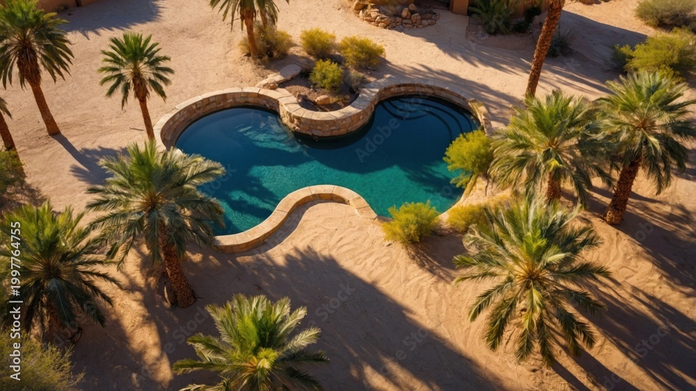 Fototapeta premium Aerial view of a heart-shaped pool surrounded by palm trees in a desert setting, evoking relaxation