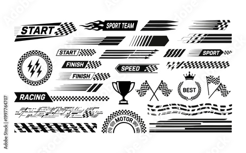 Motocross labels, dynamic lines, motorsports, racing stripe speed, sport decals, angled checkered patterns, checkered flags, start and finish lines, and tuning stickers