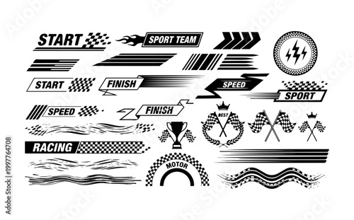 Start and finish lines, motocross labels, dynamic lines, racing stripe speed, sport decals, tuning stickers, angled checkered patterns, checkered flags, racing cars and race car stripe sets