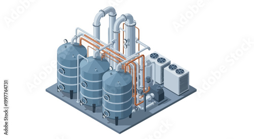 Isometric illustration showing an industrial processing plant with large storage tanks, interconnected piping, and cooling units, symbolizing efficient production and vital infrastructure