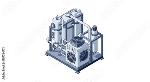 Detailed isometric vector illustration of advanced industrial processing machinery with tanks and a cooling unit, representing modern manufacturing or purification systems