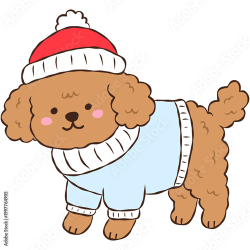 Cute Brown Poodle Puppy Wearing Winter Clothes, Adorable Dog in Sweater and Beanie Hat Illustration