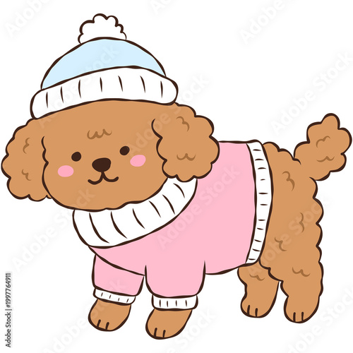 Cute Brown Poodle Puppy Wearing Winter Clothes, Adorable Dog in Sweater and Beanie Hat Illustration
