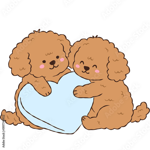 Two Cute Poodle Puppies Hugging a Heart, Adorable Brown Curly Dog Love Illustration