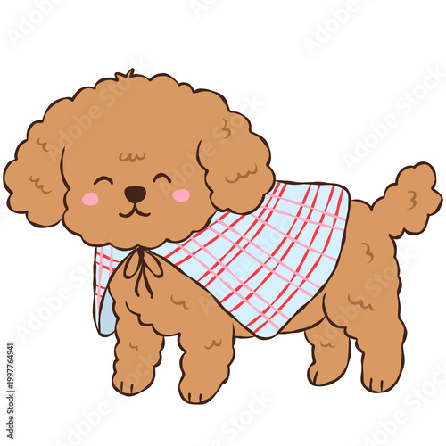 Cute Brown Poodle Puppy Wearing a Plaid Bandana, Adorable Curly Dog Fashion Illustration