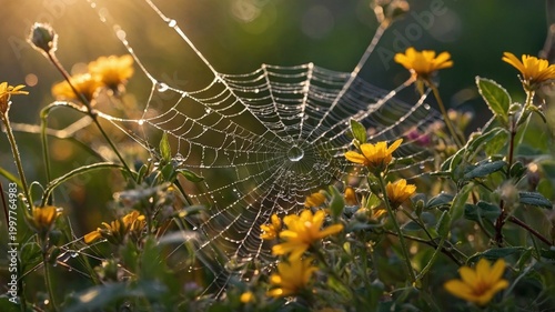 Morning dew glistens on a spider web amidst vibrant yellow flowers in a serene garden setting