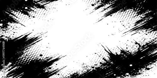 A dirty black ink splat drips across a grunge texture background with spray paint splatters and halftone brush elements in this vector art illustration design