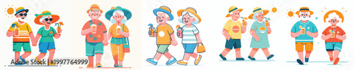 vector of a old couple walking together dressed in summer holding drinks
