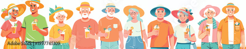 half body vector of a old couple walking together dressed in summer holding drinks