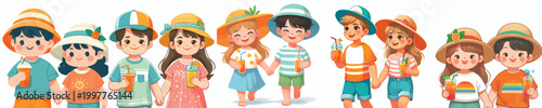 half body vector of a two children walking together dressed in summer holding drinks