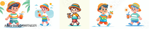 vector of a little boy walking in summer clothes holding a drink