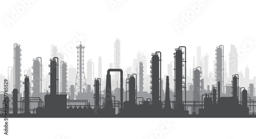 Modern industrial complex silhouette illustration depicting a large-scale chemical or oil refinery with multiple towers and pipelines, symbolizing energy production and manufacturing