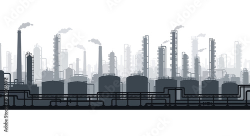 Industrial landscape with a large complex of factory structures and smokestacks emitting smoke, representing heavy industry and manufacturing, a symbol of production