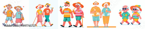 vector of a old couple walking together dressed in summer holding drinks