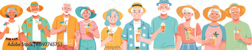 half body vector of a old couple walking together dressed in summer holding drinks