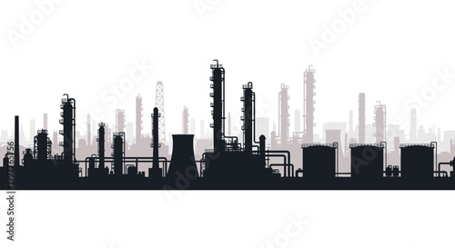 Industrial landscape silhouette showing an oil refinery with complex structures, towers, and tanks against a white background, representing heavy industry and manufacturing