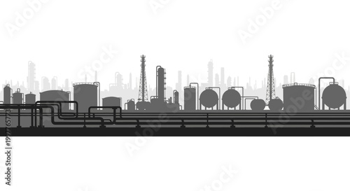 Industrial landscape featuring a silhouette of a factory with pipes and storage tanks, representing energy production and manufacturing processes