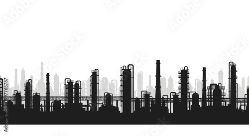 Industrial skyline silhouette depicting a vast array of factories and processing plants under a clear white sky, representing industrial development and urban infrastructure