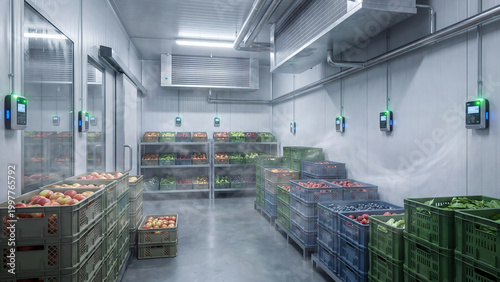 A walk-in refrigerator or cold storage room filled with crates of fresh produce and shelves stocked with various fruits and vegetables in a commercial kitchen or food storage facility