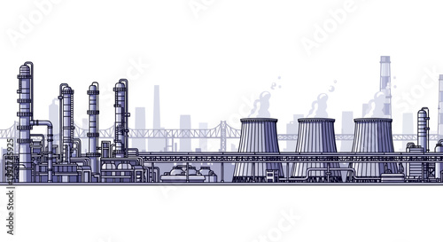 Industrial Power Plant with Cooling Towers and Smokestacks Against a City Skyline Under a Cloudy Sky