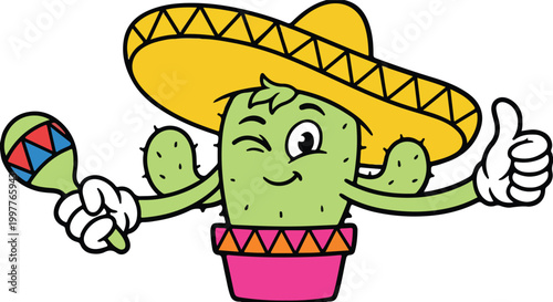 Adorable Mexican cactus cartoon character wearing a yellow sombrero, holding maracas, and giving a thumbs up with a winking smile. Perfect for Cinco de Mayo, fiesta party designs, t-shirts, stickers, 