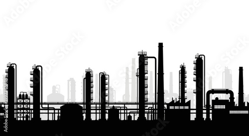 Industrial silhouette of a refinery with distillation towers and storage tanks, representing the energy sector and petrochemical production
